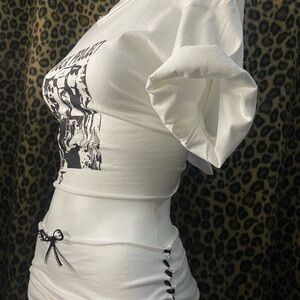 White Off Shoulder Graphic Tee With Mini Skirt